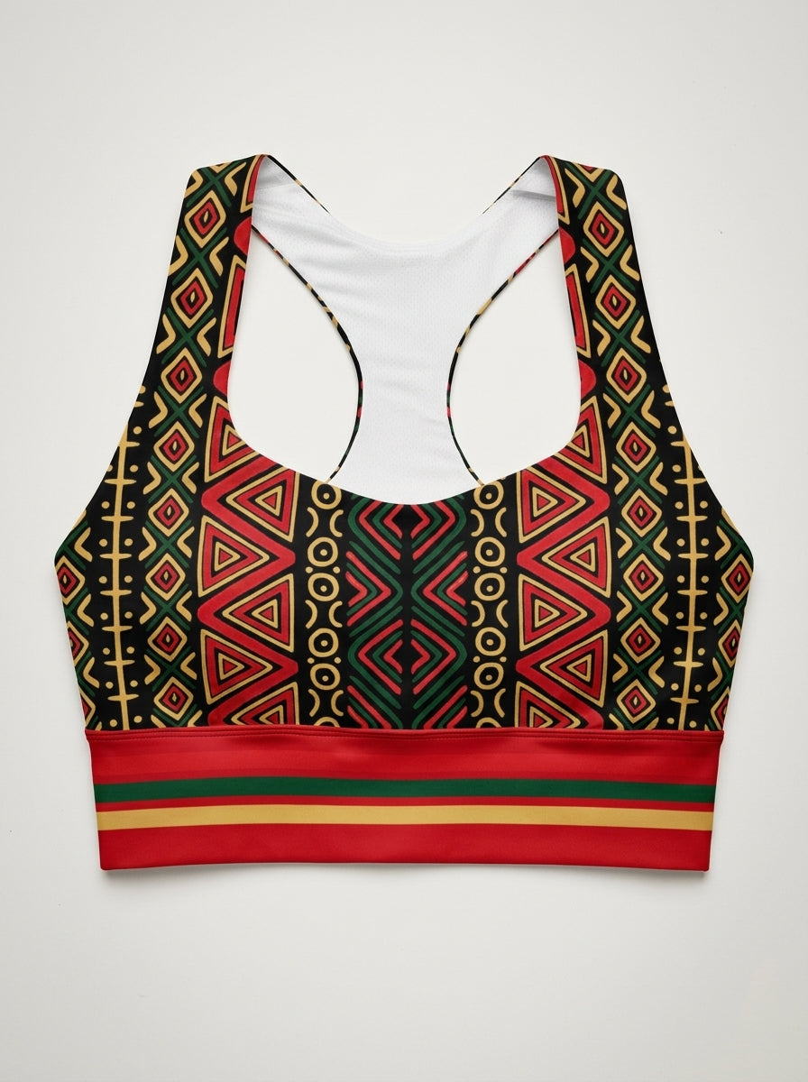 N'Donso™ Longline Sports Bra in Uhie Red, flat lay — full silhouette, red on black.