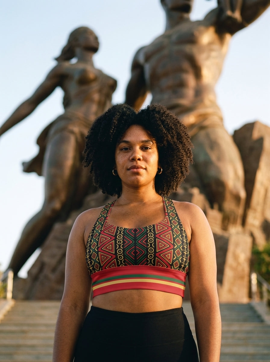 Model wearing the N'Donso™ Longline Sports Bra in Uhie Red, editorial studio shot.