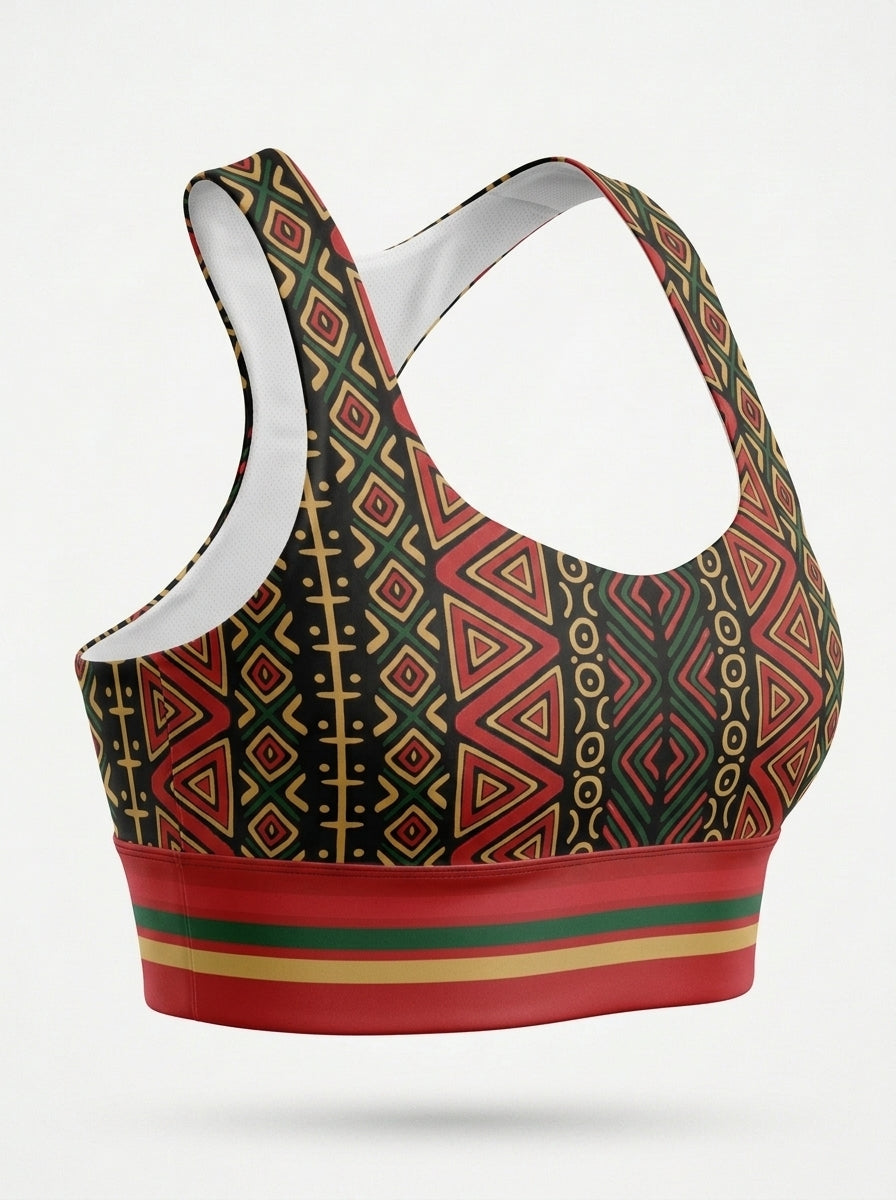 N'Donso™ Longline Sports Bra in Uhie Red, ghost-mannequin three-quarter view showing the longline fit.