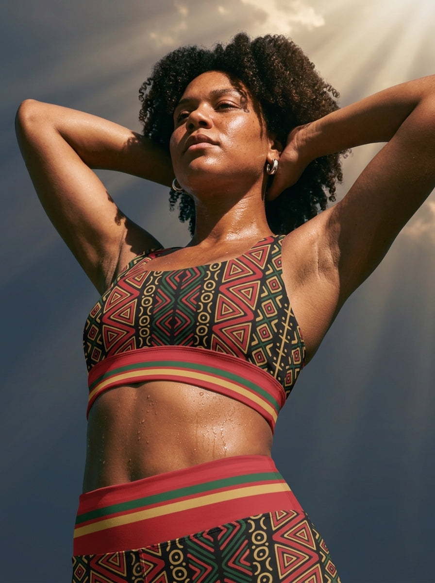 N'Donso™ Longline Sports Bra in Uhie Red — editorial lifestyle shot.