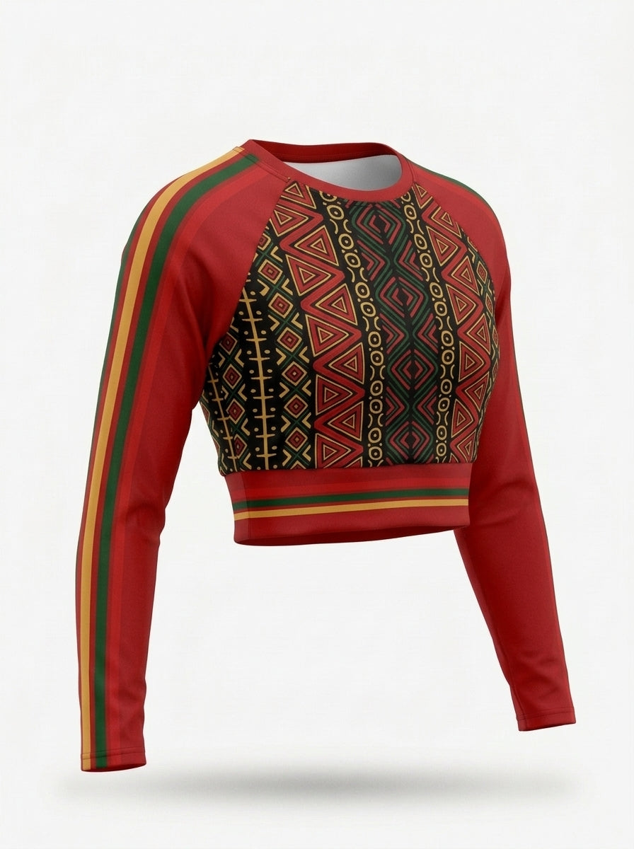 Ghost-mannequin three-quarter left of the N'Donso™ Long Sleeve Crop in Uhie Red, showing the cropped cut and raglan sleeves