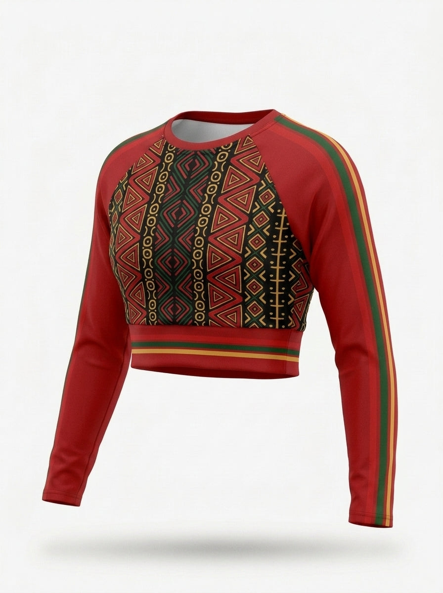 Ghost-mannequin three-quarter right of the N'Donso™ Long Sleeve Crop in Uhie Red