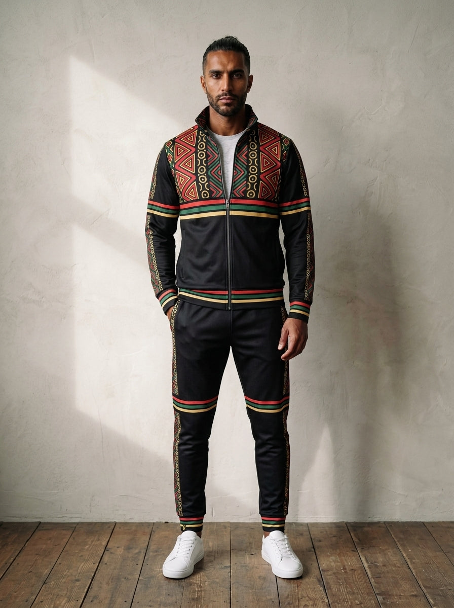 N'Donso™ Men's Track Jacket + Joggers set in Uhie Red, worn full-length, front