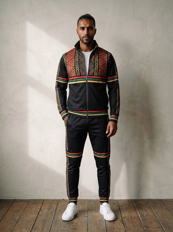 N'Donso™ Men's Track Jacket + Joggers set in Uhie Red, worn full-length, front