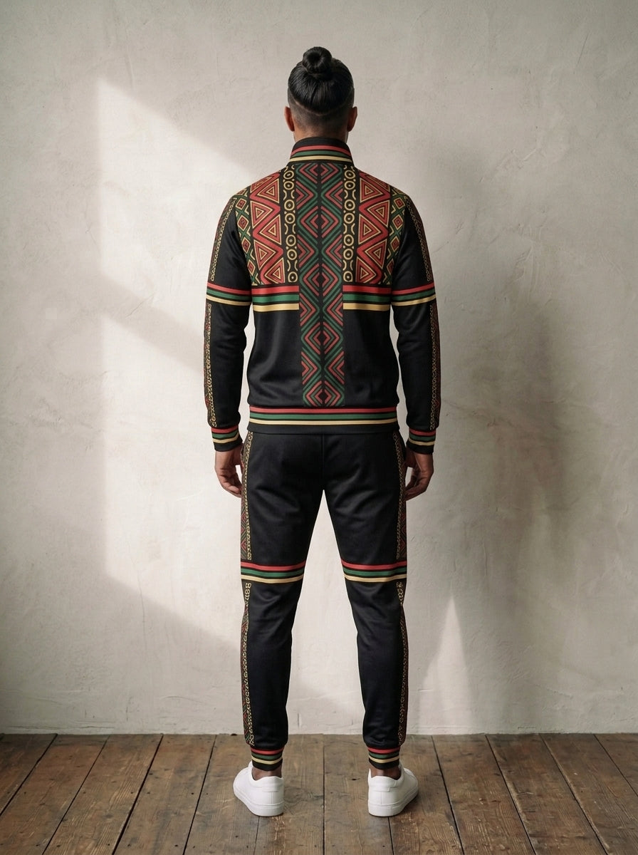 N'Donso™ Men's Track Jacket + Joggers set in Uhie Red, back view with chest-band and sleeve stripes