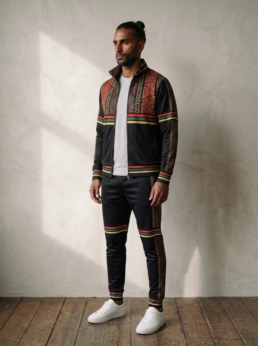 N'Donso™ Uhie Red tracksuit, three-quarter right view showing sleeve and leg-side stripes