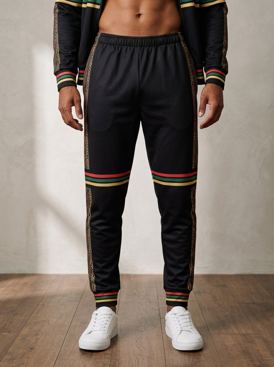 N'Donso™ Uhie Red joggers close-up — side stripe, knee band and ribbed cuff