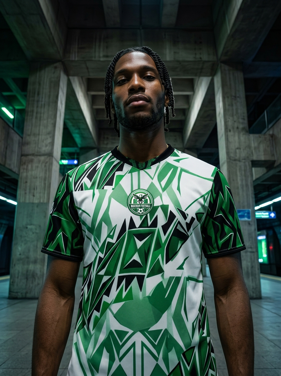 Nigeria '26 Talon Protocol Jersey — Super Eagles World Cup 2026 heritage kit, deep Nigerian green with eagle talon geometry across the chassis, by SunBorn