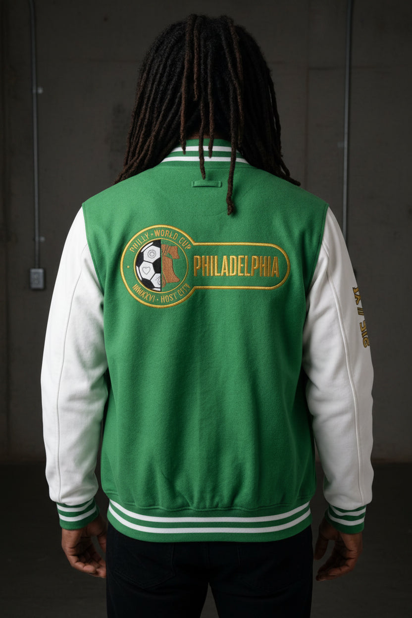 A person shown from the back wearing a green and white varsity jacket with Philadelphia-themed embroidery on the back, photographed against a light gray studio background.