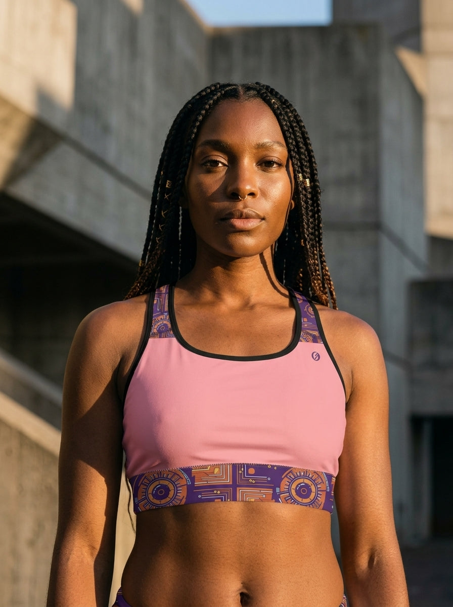 Sankofa Padded Sports Bra in the Adaeze Pink Kinetic Engine print, editorial golden hour portrait — SunBorn