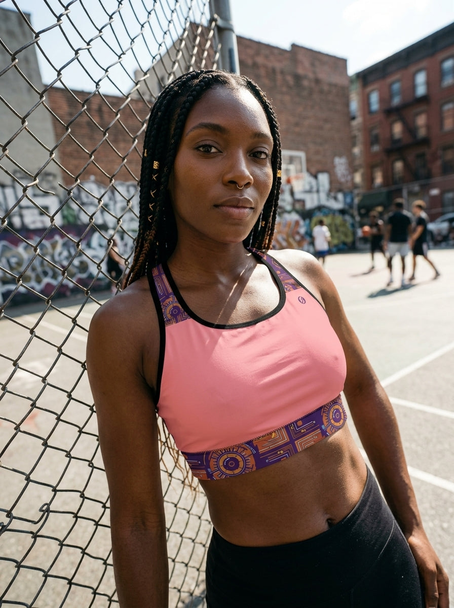 Sankofa Padded Sports Bra in the Adaeze Pink Kinetic Engine print, wide environmental shot — SunBorn