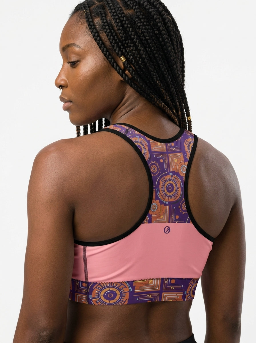 Sankofa Padded Sports Bra in the Adaeze Pink Kinetic Engine print, back view — SunBorn
