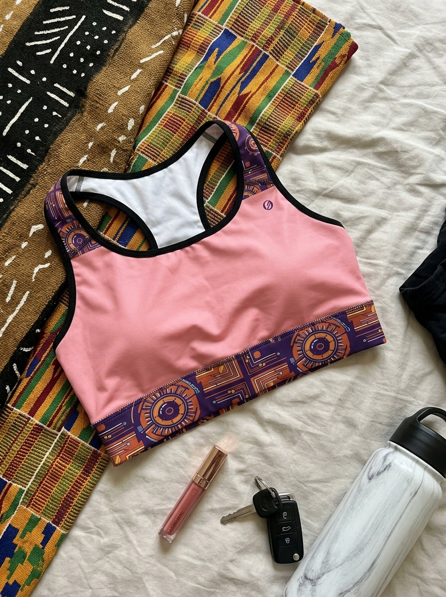 Sankofa Padded Sports Bra in the Adaeze Pink Kinetic Engine print, flat lay with lifestyle accessories — SunBorn