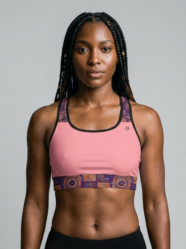 Sankofa Padded Sports Bra in the Adaeze Pink Kinetic Engine print, studio front view — SunBorn