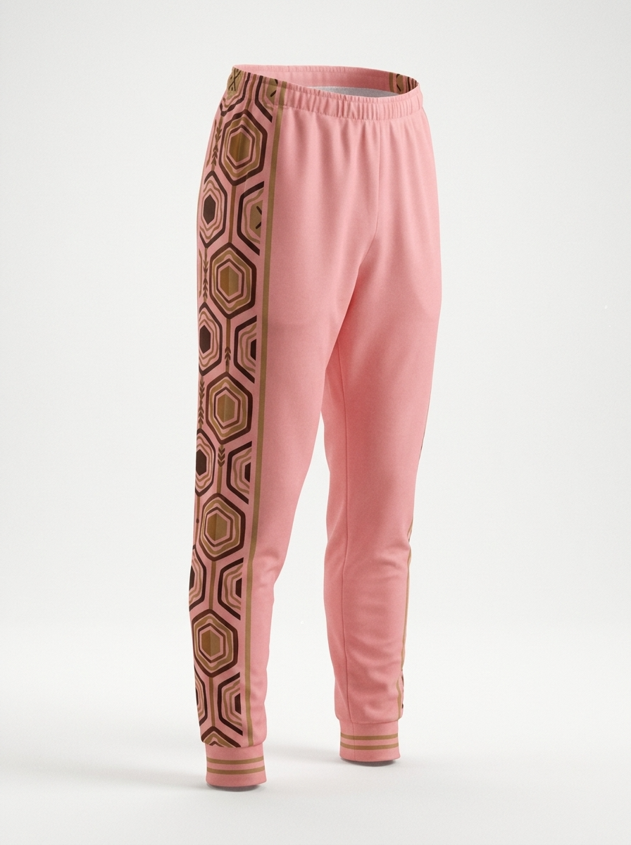 AnanseNova™ Men's Joggers in Eze Pink, ghost mannequin three-quarter right view — tapered leg, striped ankle cuff. SunBorn