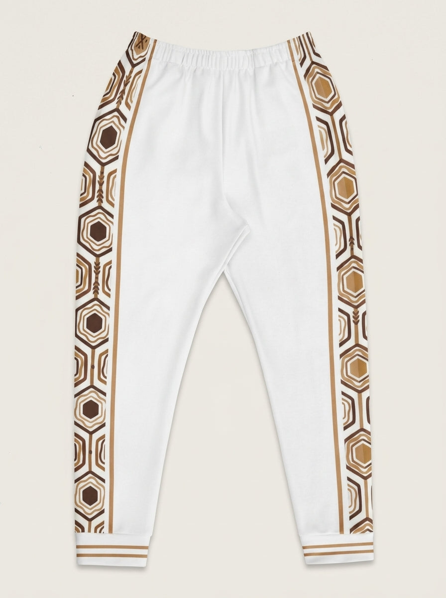 AnanseNova™ Men's Joggers in Ocha White, flat lay — hexagon side panels on both legs, elastic drawstring waistband. SunBorn