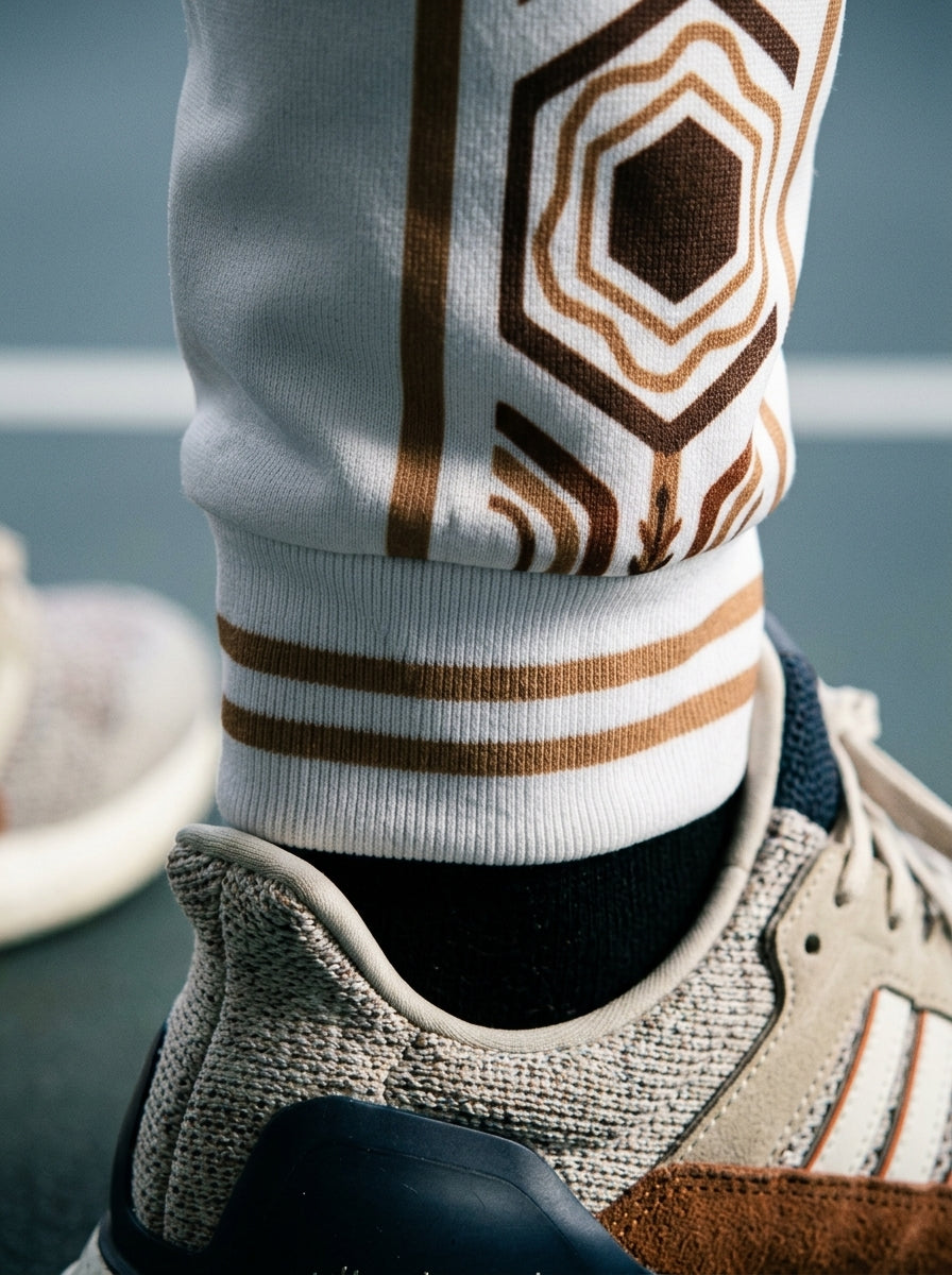 AnanseNova™ Men's Joggers in Ocha White, close-up of the bronze-striped ribbed ankle cuff and hexagon panel detail. SunBorn