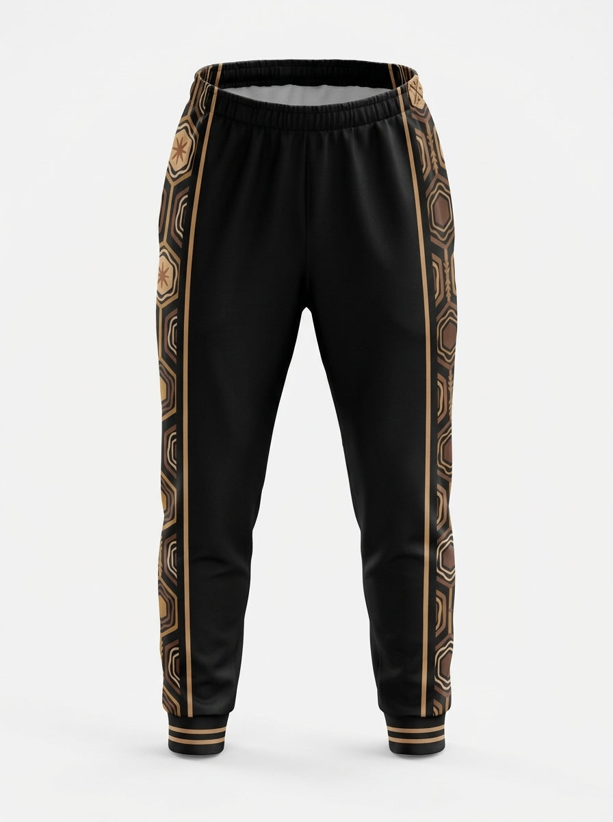 AnanseNova™ Men's Joggers in Oji Black, ghost mannequin front view — hexagon side panels and striped cuffs. SunBorn