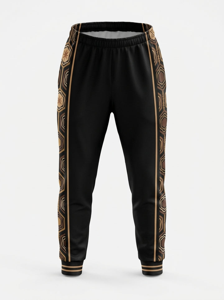 AnanseNova™ Men's Joggers in Oji Black, ghost mannequin front view — hexagon side panels and striped cuffs. SunBorn