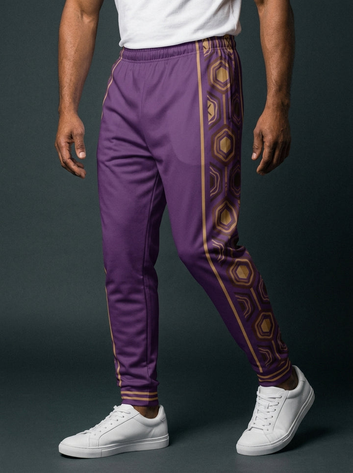 AnanseNova™ Men's Joggers in Ugo Purple, front view on model — AnanseNova™ hexagon side-panel stripe edged in bronze pinstripes, striped ribbed ankle cuffs. SunBorn