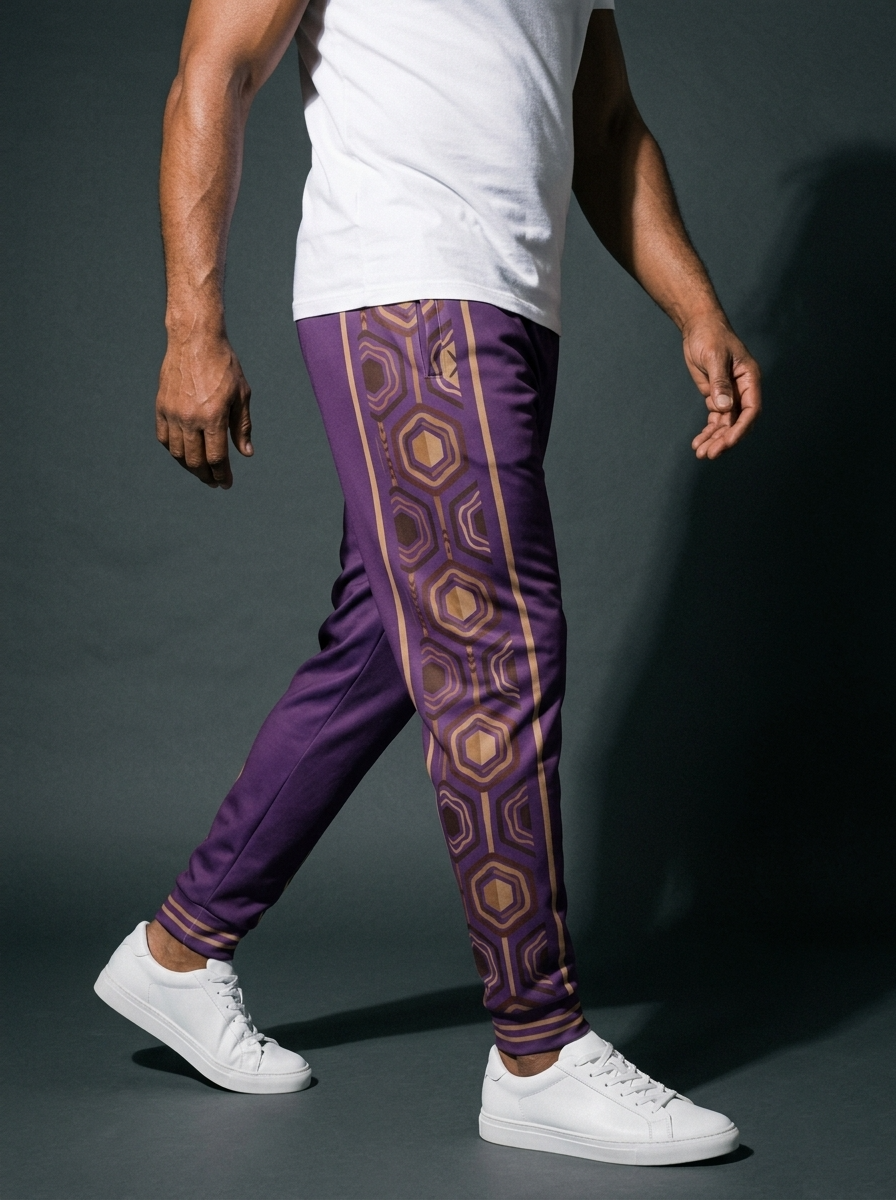 AnanseNova™ Men's Joggers in Ugo Purple, three-quarter right view on model — slim tapered leg, striped ribbed ankle cuffs. SunBorn