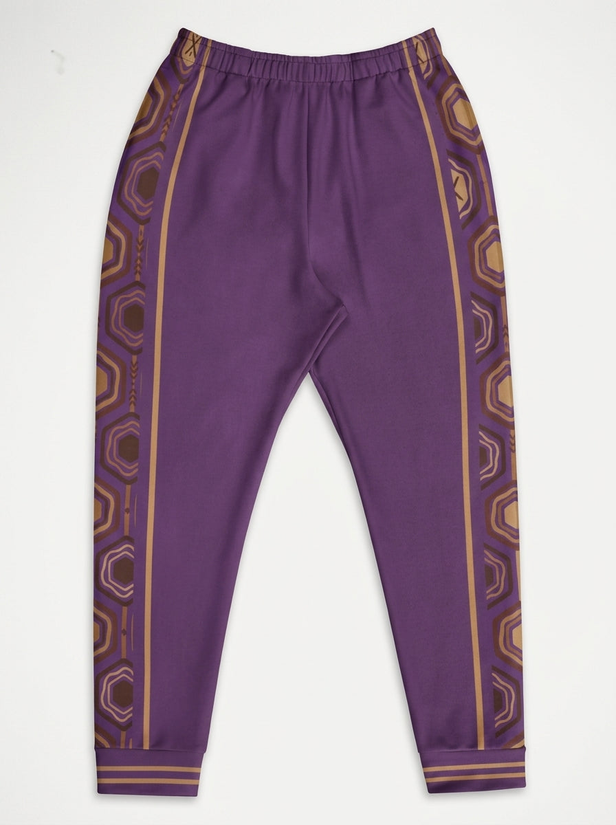 AnanseNova™ Men's Joggers in Ugo Purple, flat lay — hexagon side panels on both legs, elastic drawstring waistband. SunBorn