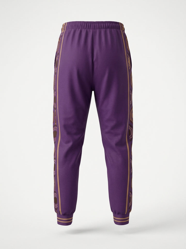 AnanseNova™ Men's Joggers in Ugo Purple, ghost mannequin back view — hexagon side panels, elastic waistband. SunBorn