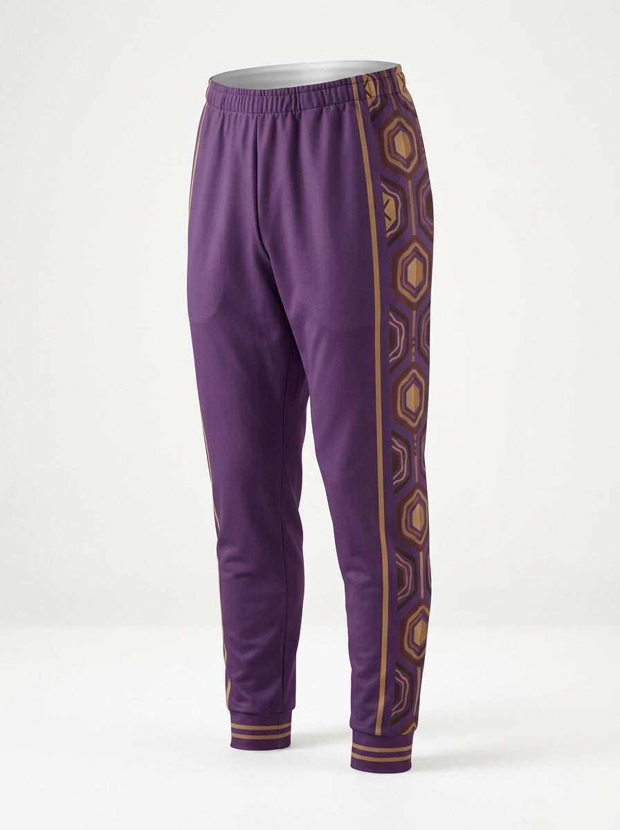 AnanseNova™ Men's Joggers in Ugo Purple, ghost mannequin three-quarter left view — hexagon side panel and bronze pinstripe. SunBorn