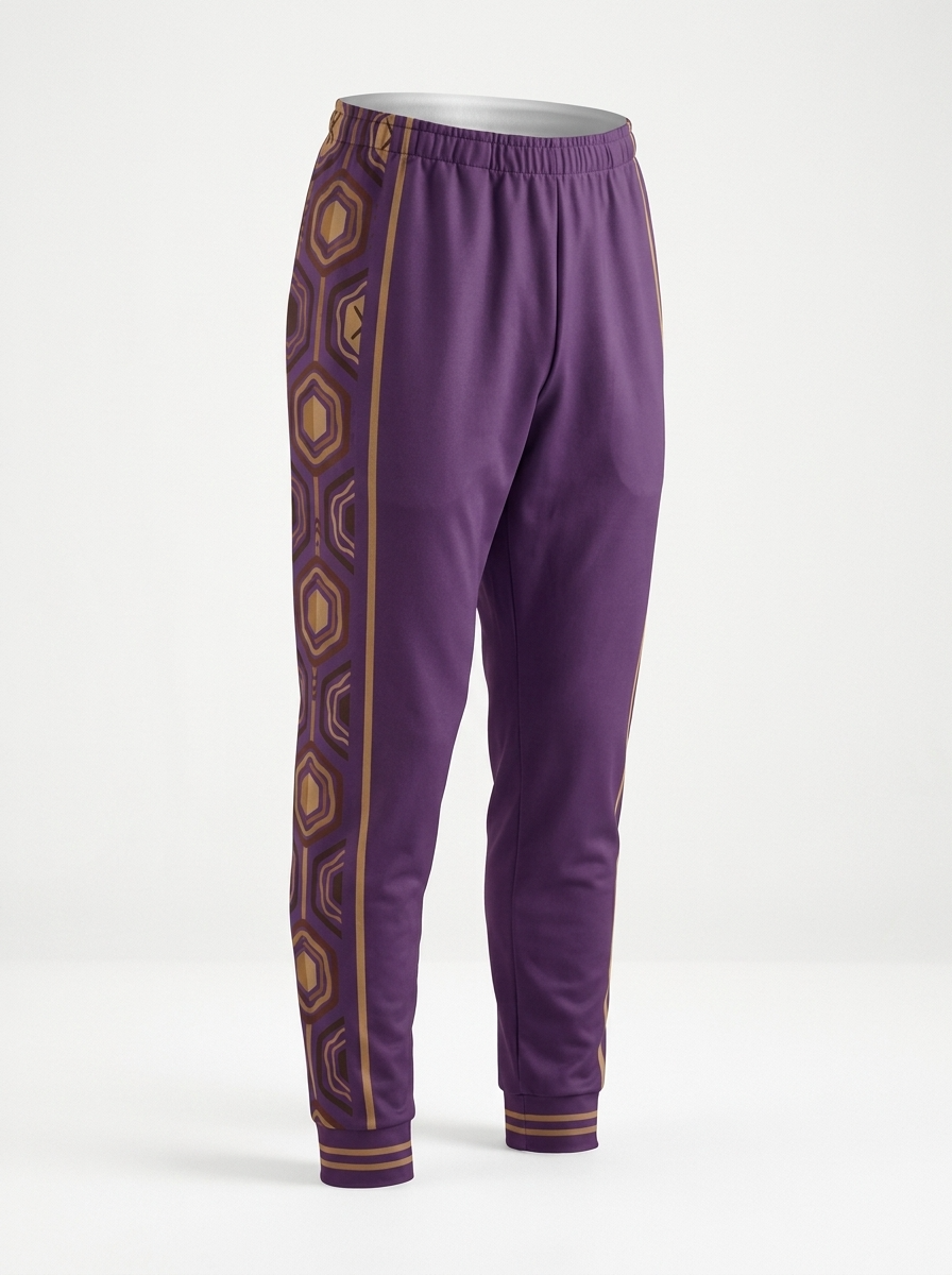 AnanseNova™ Men's Joggers in Ugo Purple, ghost mannequin three-quarter right view — tapered leg, striped ankle cuff. SunBorn