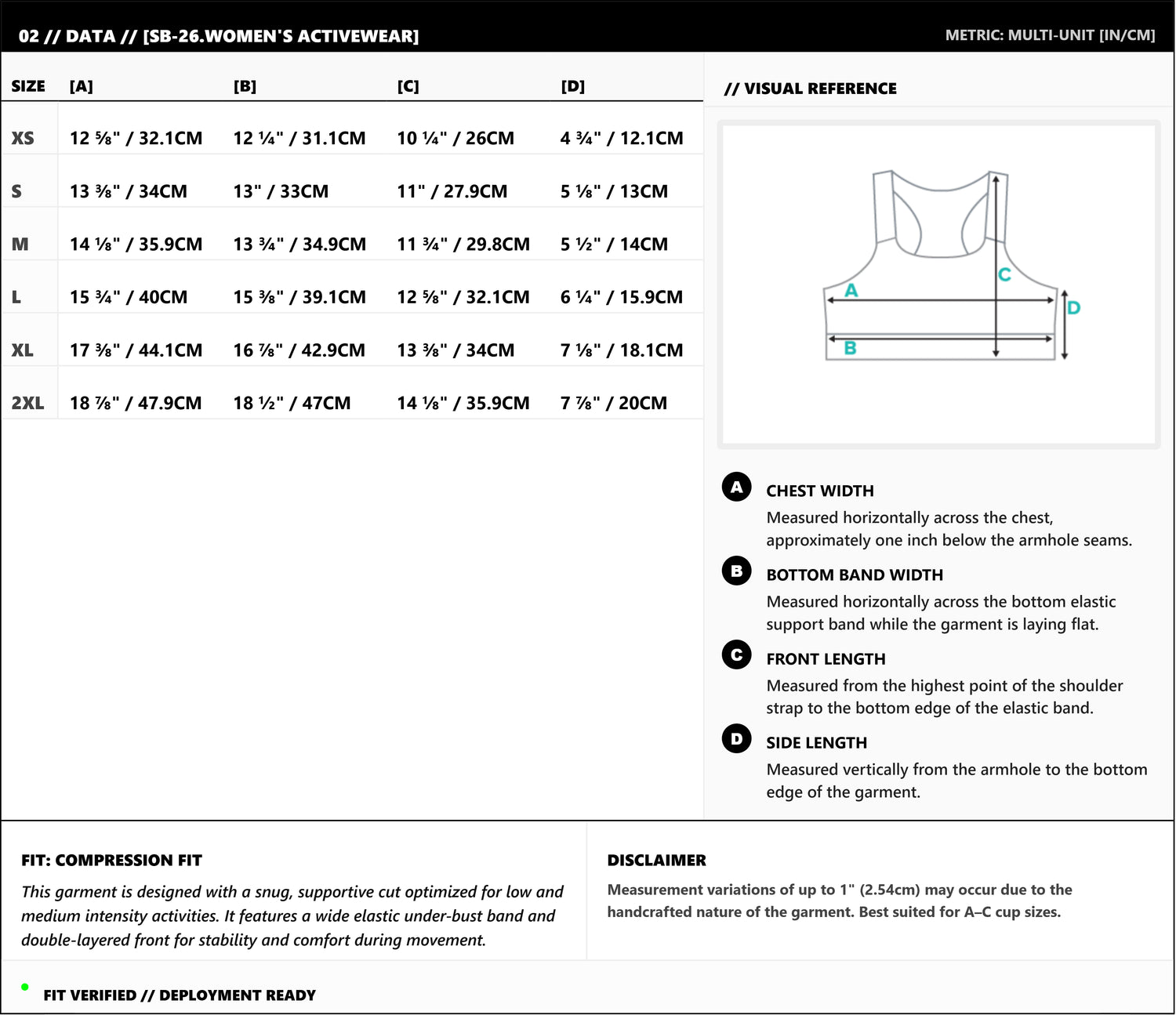 Size guide for the Sankofa Padded Sports Bra, with measurements in inches and centimeters.
