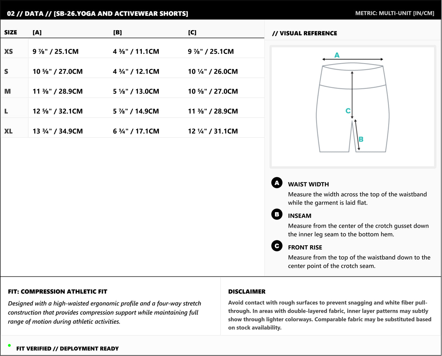 Size guide for the Sankofa Yoga Shorts, with measurements in inches and centimeters.
