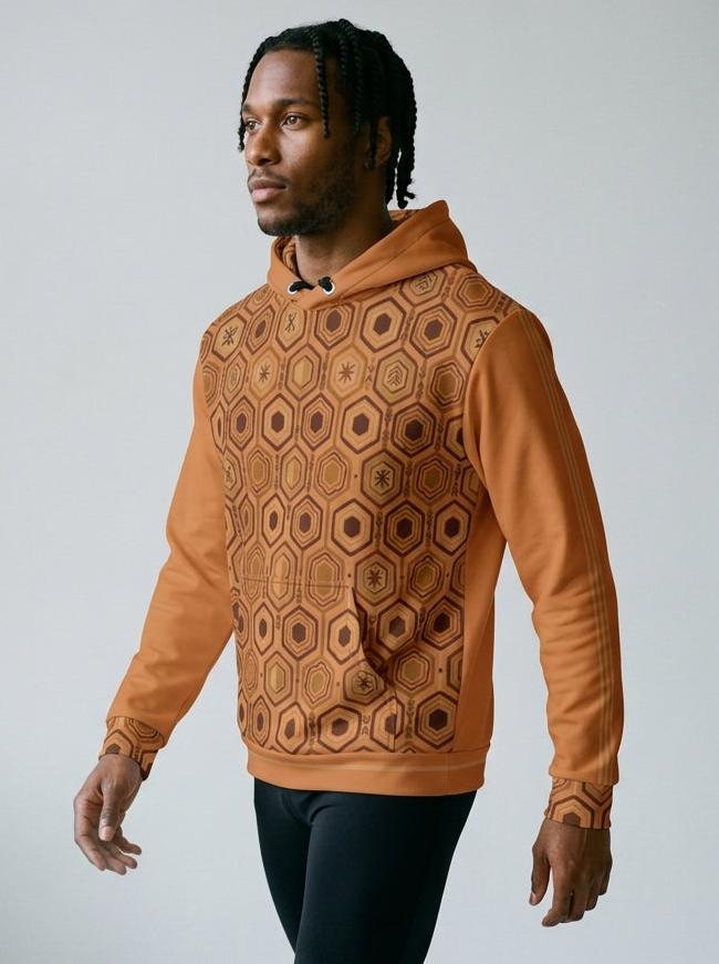 AnanseNova™ // Statement Hoodie in Sango Orange — three-quarter left view — SunBorn
