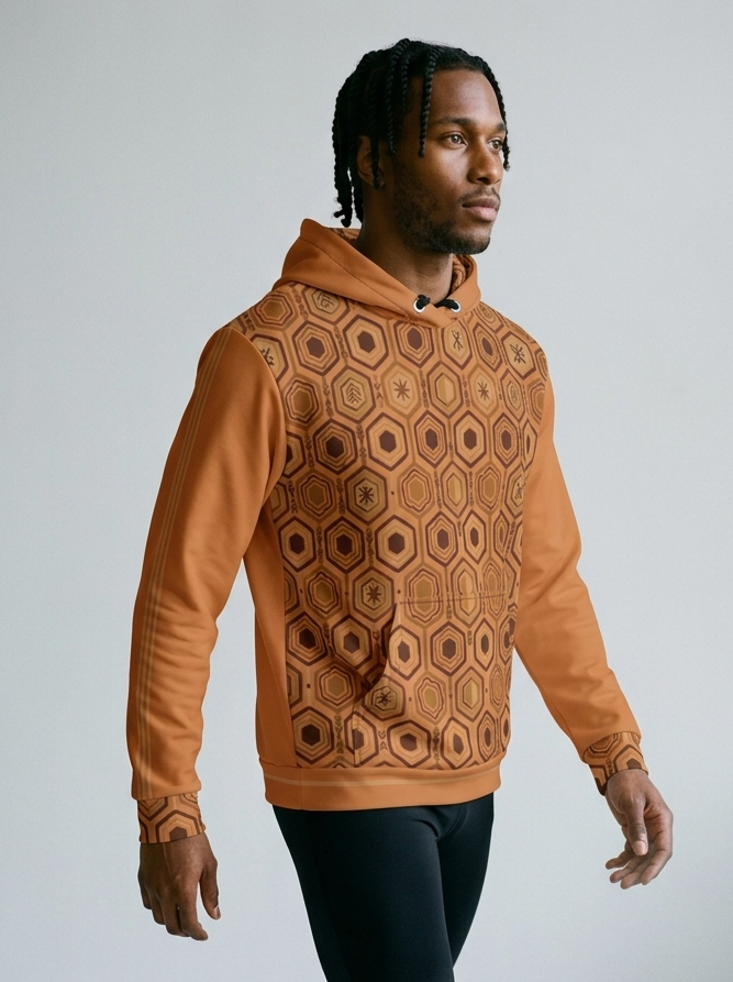 AnanseNova™ // Statement Hoodie in Sango Orange — three-quarter right view — SunBorn
