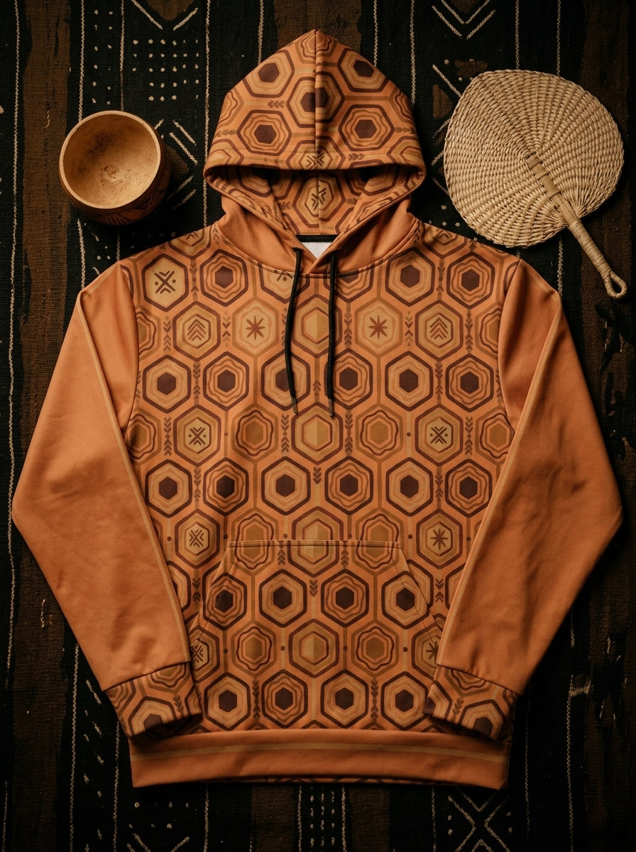 AnanseNova™ // Statement Hoodie in Sango Orange — styled flat lay — SunBorn