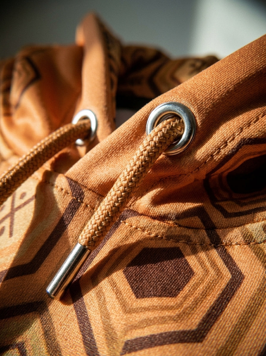AnanseNova™ // Statement Hoodie in Sango Orange — macro detail — SunBorn