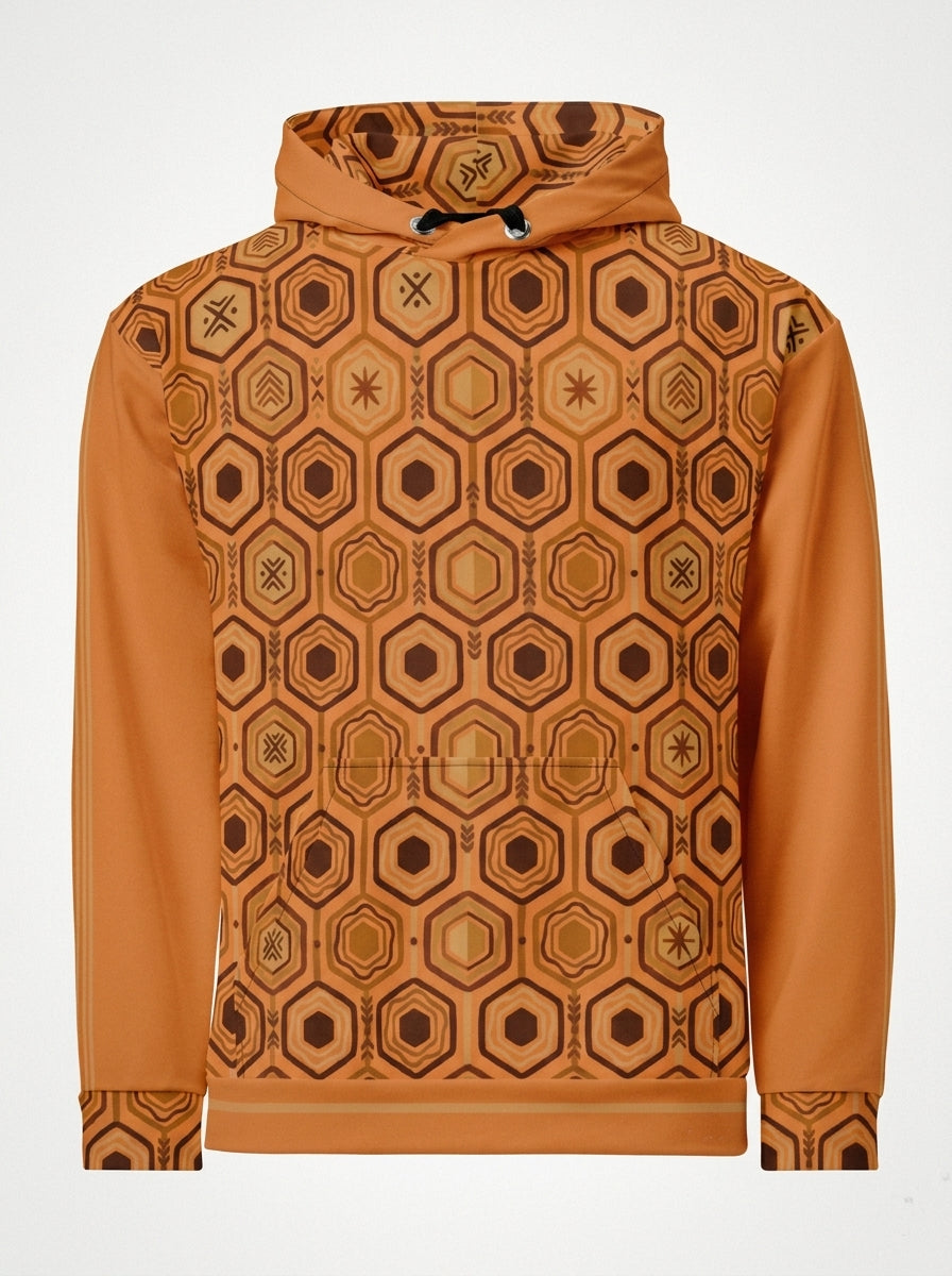 AnanseNova™ // Statement Hoodie in Sango Orange — ghost mannequin front view — SunBorn