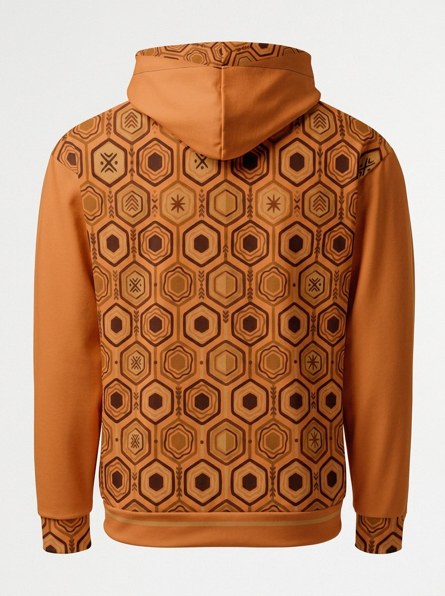 AnanseNova™ // Statement Hoodie in Sango Orange — ghost mannequin back view — SunBorn