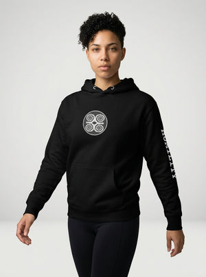 SunBorn Adinkra // Humility Hoodie in Oji Black, front hero view showing the center-chest Dwennimmen badge