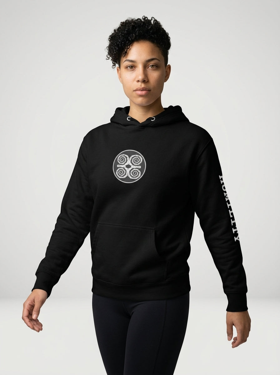 SunBorn Adinkra // Humility Hoodie in Oji Black, front hero view showing the center-chest Dwennimmen badge