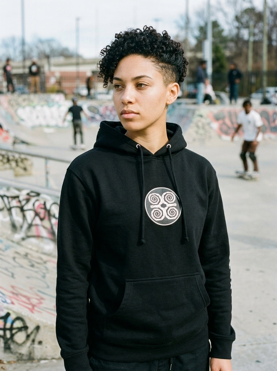 SunBorn Adinkra // Humility Hoodie in Oji Black, on-model fit check