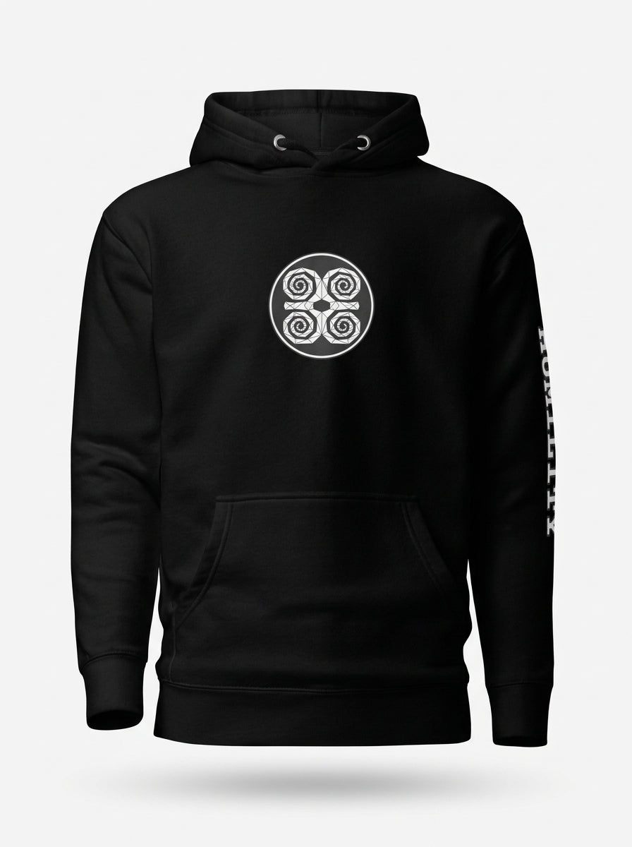 SunBorn Adinkra // Humility Hoodie in Oji Black, ghost mannequin front view