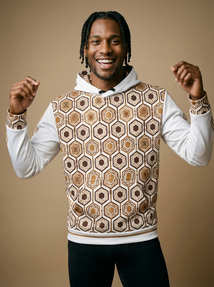 AnanseNova™ // Statement Hoodie in Ocha White — front view — SunBorn