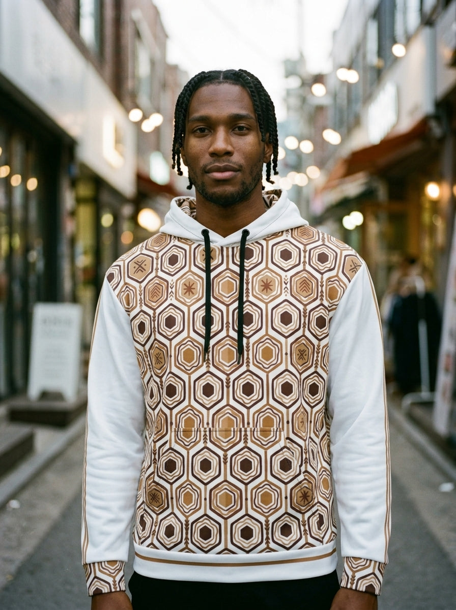 AnanseNova™ // Statement Hoodie in Ocha White — everyday lifestyle shot — SunBorn