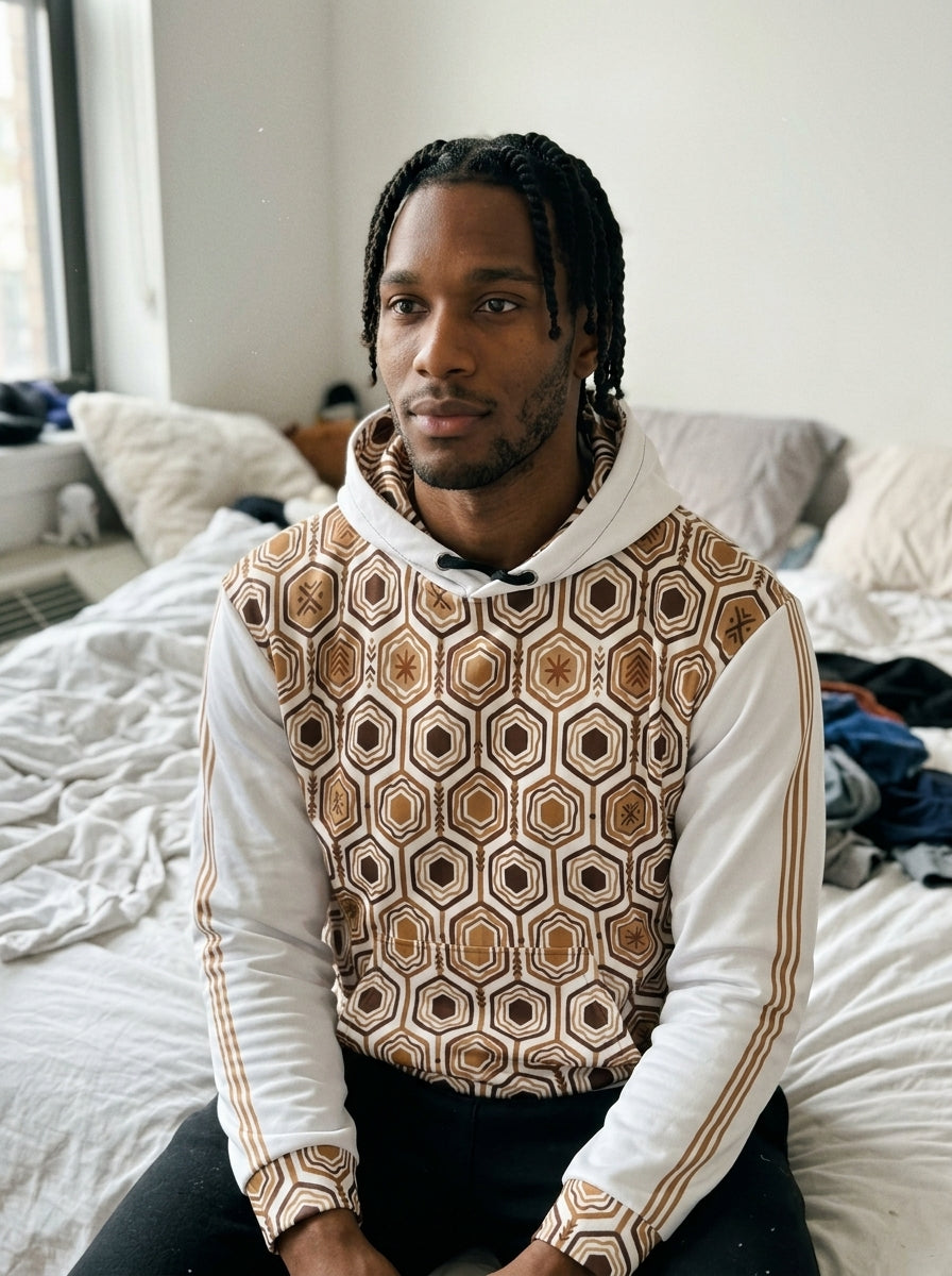 AnanseNova™ // Statement Hoodie in Ocha White — customer review photo — SunBorn