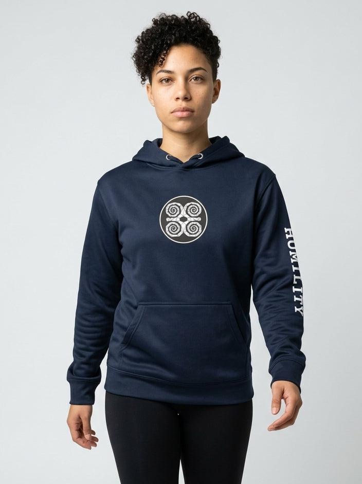 SunBorn Adinkra // Humility Hoodie in Anụnụ Blue, front hero view showing the center-chest Dwennimmen badge