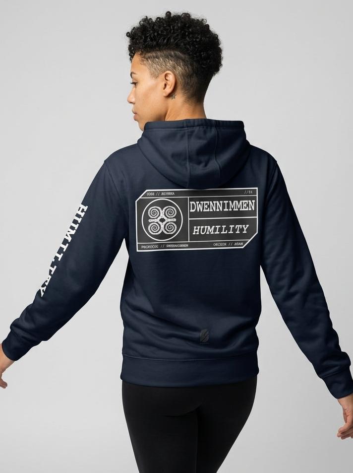 SunBorn Adinkra // Humility Hoodie in Anụnụ Blue, back hero view showing the full spec-card panel