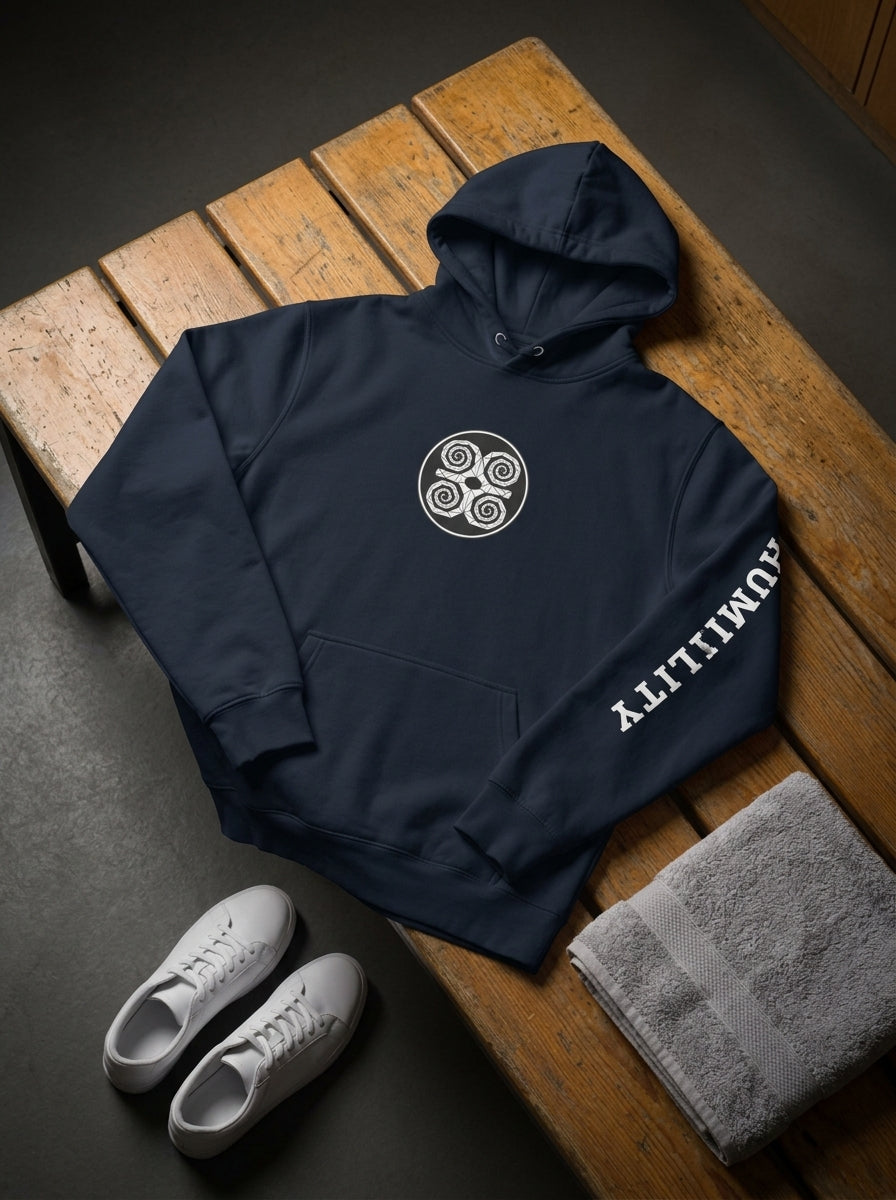 SunBorn Adinkra // Humility Hoodie in Anụnụ Blue, styled flat lay