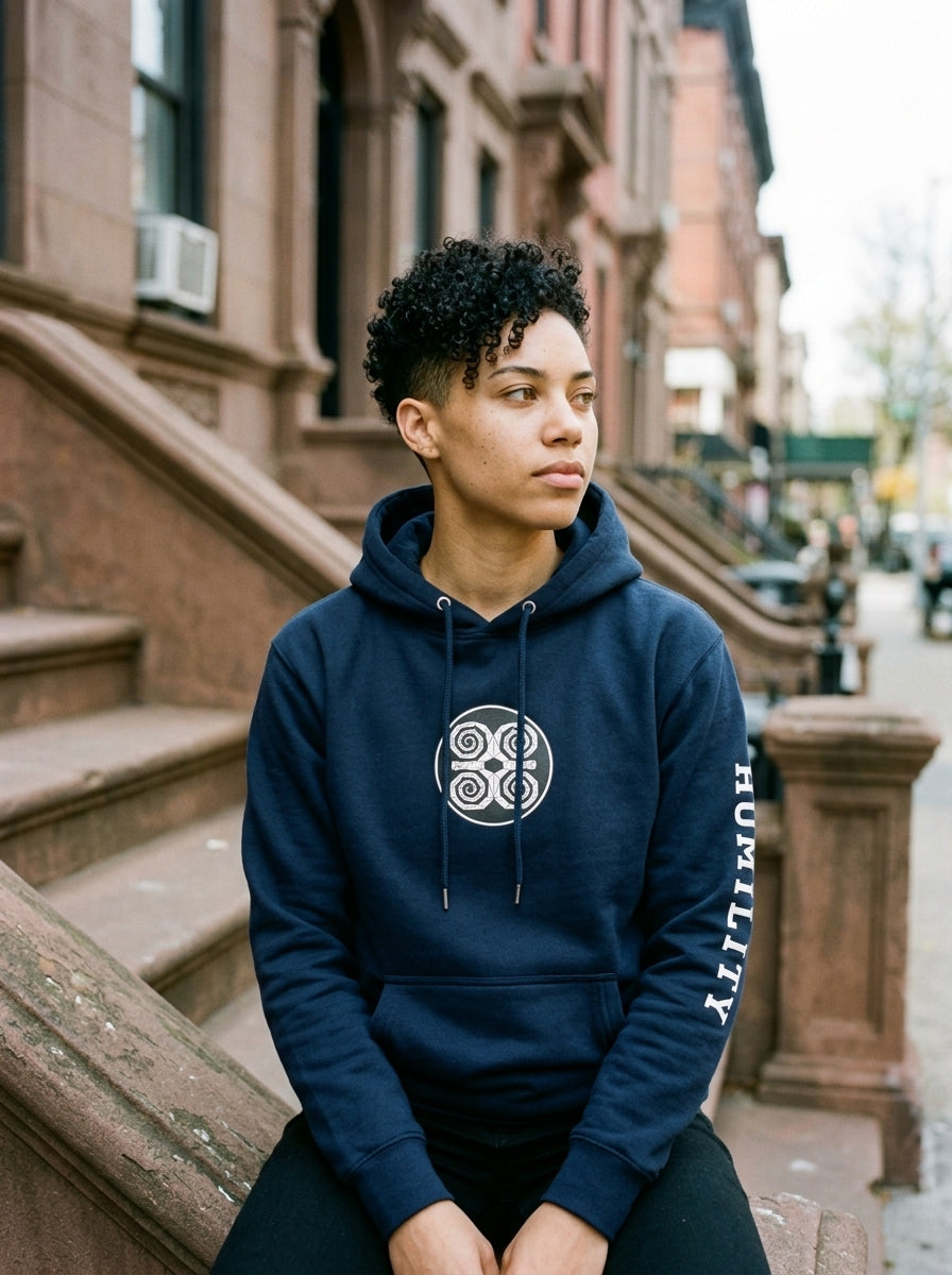 SunBorn Adinkra // Humility Hoodie in Anụnụ Blue, on-model fit check