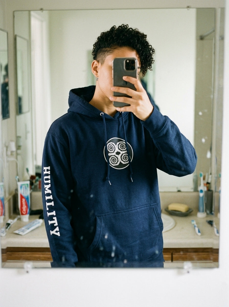 SunBorn Adinkra // Humility Hoodie in Anụnụ Blue, customer review styled shot