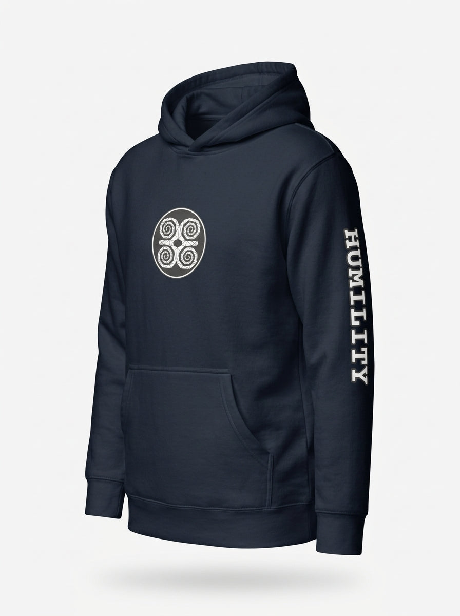 SunBorn Adinkra // Humility Hoodie in Anụnụ Blue, three-quarter left ghost mannequin view